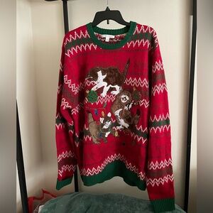 Celebrate Together Festive Red Holiday Sweater with Playful Cat Design